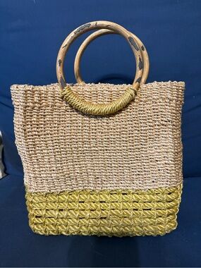 Woven Two-Tone Straw Tote Bag with Round Handles - Natural & Yellow